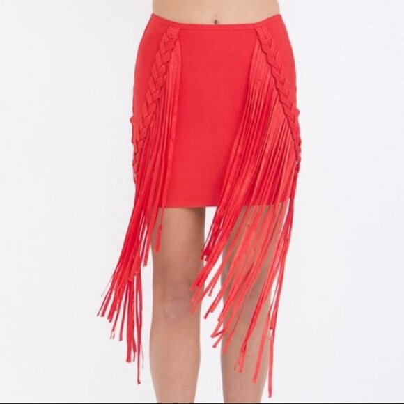 CRIMSON RED BODY-CON BANDAGE FRINGE MINI SKIRT - Picture 7 of 8